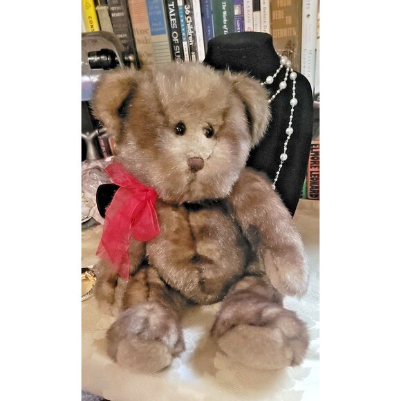 Gund Teddy Bear Mink faux fur PLUSH MINT condition 16" Soft minky fur Gund w Red - Picture 2 of 12